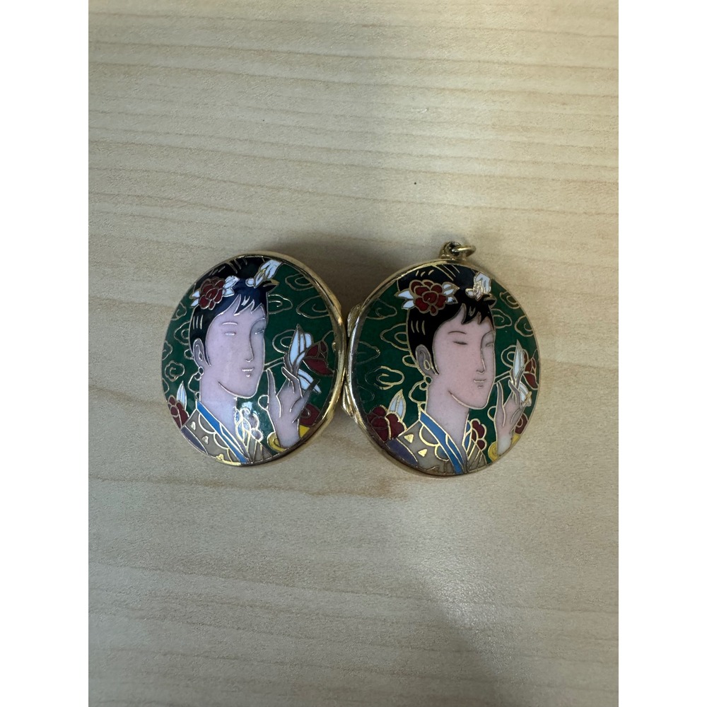 Vintage Cloisonne Enamel Locket Pendant Double Sided Asian Woman Green Gold Tone